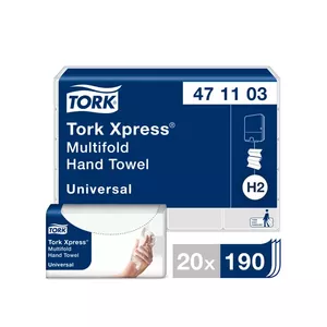 Roku dvieļi TORK Universal Xpress Multifold, 2 sl., 190 salvetes, 23.4 x 21.3 cm, baltā krāsā ar lapiņām