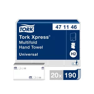 Roku dvieļi TORK Universal Xpress Multifold, 2 sl., 190 salvetes, 23.4 x 21.3 cm, baltā krāsā ar lapiņām