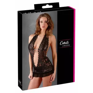 Mežģīņu aizmugurē bezsiksnu kleita Cottelli Collection 27503411051 melna XL – ziedu mežģīnes, piešūts caurumiņš
