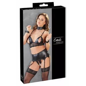Krūštura un piekareiņu komplekts cottelli collection 22129601021 — melns, bralets ar 7 cm mežģīņu malu, bezstaru stringi, regulējamas lences, roku dzelži un čokers