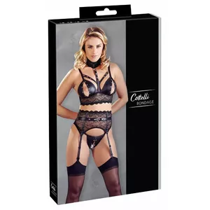 Комплект Cottelli Collection XL чёрный – бралетт с отстёгивающимися чашками, пояс-подвязки, трусики, цветочное кружево, 90% полиэстер/10% спандекс