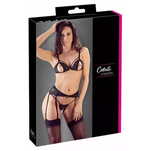 Mežģīņu zeķturētāju komplekts Cottelli Collection S Black — 3 daļas: krūšturis, piekāršanas josta un atvērtas biksītes, izmērs S