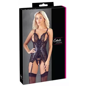 Открытый бюстье Cottelli Collection XL чёрный с регулируемыми подтяжками, кружевными вставками, интегрированным поясом