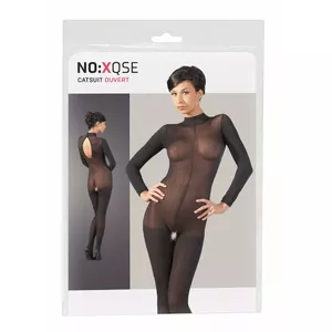 Catsuit mandy mystery Mandy Mystery S/M Black — long-sleeve semi-transparent power net, crotchless, lace collar, with feet, 100% polyamide
