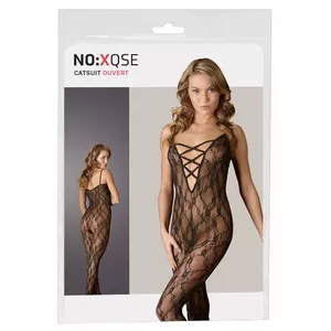 Catsuit Mandy Mystery 25500081110 S/M Black — Lace, Open Crotch, With Feet, 100% Polyamide