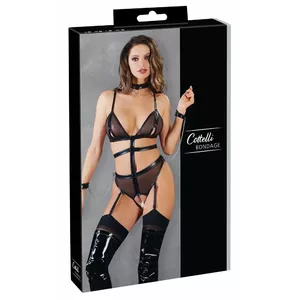 Cottelli Collection bondage crotchless suspender body with removable cuffs and collar, size M, black