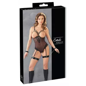 Bodie cottelli collection S Black – open-cup powernet and lace body with suspender straps, removable chain and handcuffs, 90% polyamide