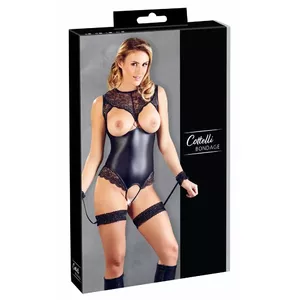 Body garter Cottelli Collection M Black — crotchless high-neck body with lace, open cups, 2 garters with sewn lace handcuffs, size M