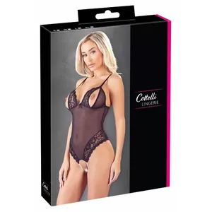 Боди с разрезом в шагу Cottelli Collection модель 26424251021, полупрозрачный powernet, цветочное кружево, регулируемые бретели, чёрный