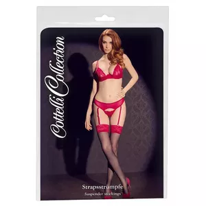 Полупрозрачные чулки до бедра cottelli collection 25403551641, 20 den, черные с красным кружевом, силиконовая лента, слегка формованная стопа