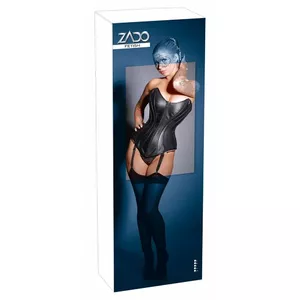 Leather corset ZADO M Black, lamb nappa, strapless, full-cup, front zip, back lacing, removable suspenders