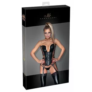 Noir Corset Basque Lace L Noir 26112361041 — power wet-look stretch, lace inserts, 6 garter straps, front hook, halterneck, back lacing