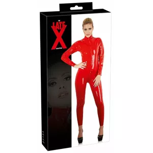 Catsuit bodysuit late x 29000683051 XL — red natural rubber latex, long sleeves, stand-up collar, 50 cm front zip