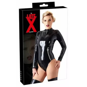 Боди late x 2XL чёрный, латексный костюм с длинными рукавами, толщина 0.35 мм, молнии спереди/сзади и в шагу