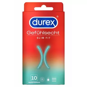 Condoms Durex Gefühlsecht Slim 10 pcs — thin, anatomical Easy-on shape, nominal width 52.5 mm, silicone lubricant, natural rubber latex