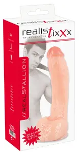 Dildo Realistixxx Real Stallion Silicone Black — realistic silicone dildo, total length 25.5 cm, insertion 19 cm, Ø max 5.4 cm, suction cup