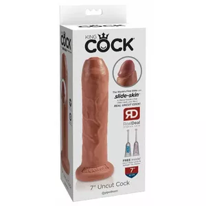 Dildo King Cock Uncut Tan – realistic PVC dildo with movable foreskin, total length 17.8 cm, insertion 14.8 cm, Ø 4.6 cm, suction base