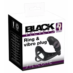 Vibrating silicone plug with cock ring Black Velvets — total length 11.2 cm, plug Ø 3.3 cm, ring Ø 4.3 cm