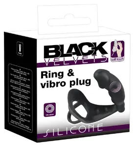 Vibrating silicone plug with cock ring Black Velvets — total length 11.2 cm, plug Ø 3.3 cm, ring Ø 4.3 cm