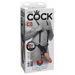 Нагрудный страп‑он с полым дилдо 11", King Cock — регулируемая чёрная портупея с подтяжками