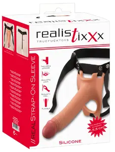 Strap-on sleeve Realistixxx Silicone Black — extension 5.5 cm, length 19.5 cm, insertion depth 14 cm, inner Ø 3.2 cm, outer Ø 4.3 cm, waist max 144 cm