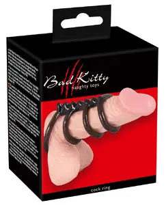 Набор колец Bad Kitty Ring Quartett 05055870000 — четыре регулируемых силиконовых кольца, Ø 3×2,3 см и 1×4,3 см, толщина 8 мм, длина 6,5 см, дымчато‑чёрные