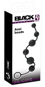 Anal beads black velvets silicone, six graduated beads Ø 2.3–3.9 cm, approx. 40 cm, retraction loop