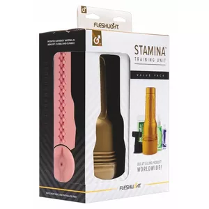 Vīriešu masturbatora komplekts Fleshlight Stamina Training ar silikona ieliktni, zelta/rozā plastmasas korpuss, ietver lubrikantu, tīrītāju, pulveri, dušas stiprinājumu