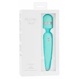 Personīgais masieris pillow talk Cheeky Teal — uzlādējama silikona nūjiņa, 20 cm, Ø 3,9 cm, ceļošanas bloķēšana