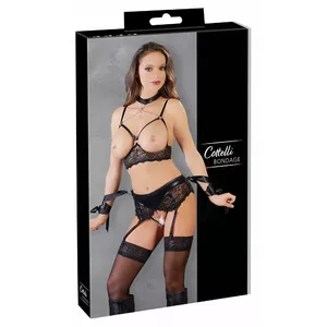 Komplekts cottelli collection Bra Set M Black Bondage 22126841031 — atvērta krūštura kausa, wet-look biksītes, čokers, atlas lentes