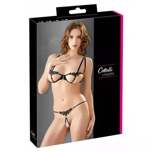 Apakšveļas komplekts cottelli collection Krūšturis un stringi L Melns — atvērtas kausiņas ar izšuvumu, regulējami lencītes, izmērs L