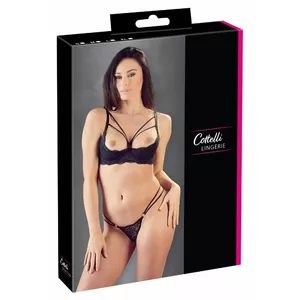 Apakšveļas komplekts Cottelli Collection Shelf Bra Lace 85C/L — krūšturis ar stīpiņām un polsterētām bļodiņām, stringi, melna mežģīne, 90% poliamīds