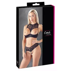 Apakšveļas komplekts cottelli collection Shelf Bra Set 85B/L Black — shelf krūšturis ar viegli polsterētām kausiņām, mežģīnes, atvērtas stringas, 90% poliamīds