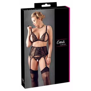 Комплект с подвязками cottelli collection 4XL чёрный — беспроводной бра с открытыми чашками, пояс с подвязками, стринг, 90% полиамид/10% эластан