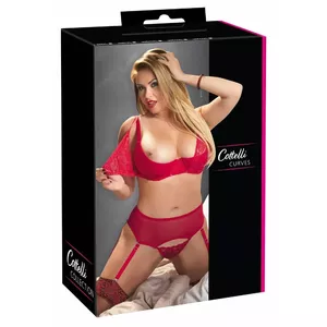 Комплект бюстгальтер и трусики cottelli collection 90E красный — шельф-бюстгальтер с съемными кружевными чашками, поролон, каркас, регулируемые бретели; стринги с отстегивающей кружевной деталью и подтяжками