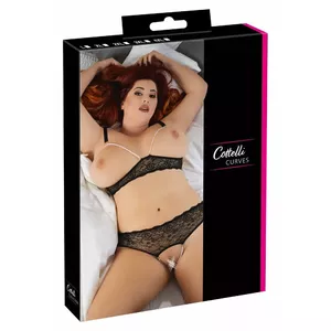 Apakšveļas komplekts cottelli collection 4XL Black Pearl — bezrāmja krūšturis, regulējamas lencītes, stringi, mežģīnes, pērlīšu ķēdītes, izmērs 4XL