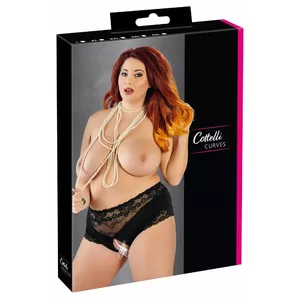 Женские трусики Cottelli Collection Pearl Black L — трусы с высокой талией, кружевная вставка, жемчужная открытая шаговая зона, размер L