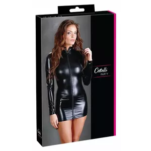 Женское эротическое платье cottelli collection 27136161041, размер L — высокий ворот, длинные рукава, передняя двусторонняя молния, блестящий чёрный (92% полиэстер, 8% спандекс)
