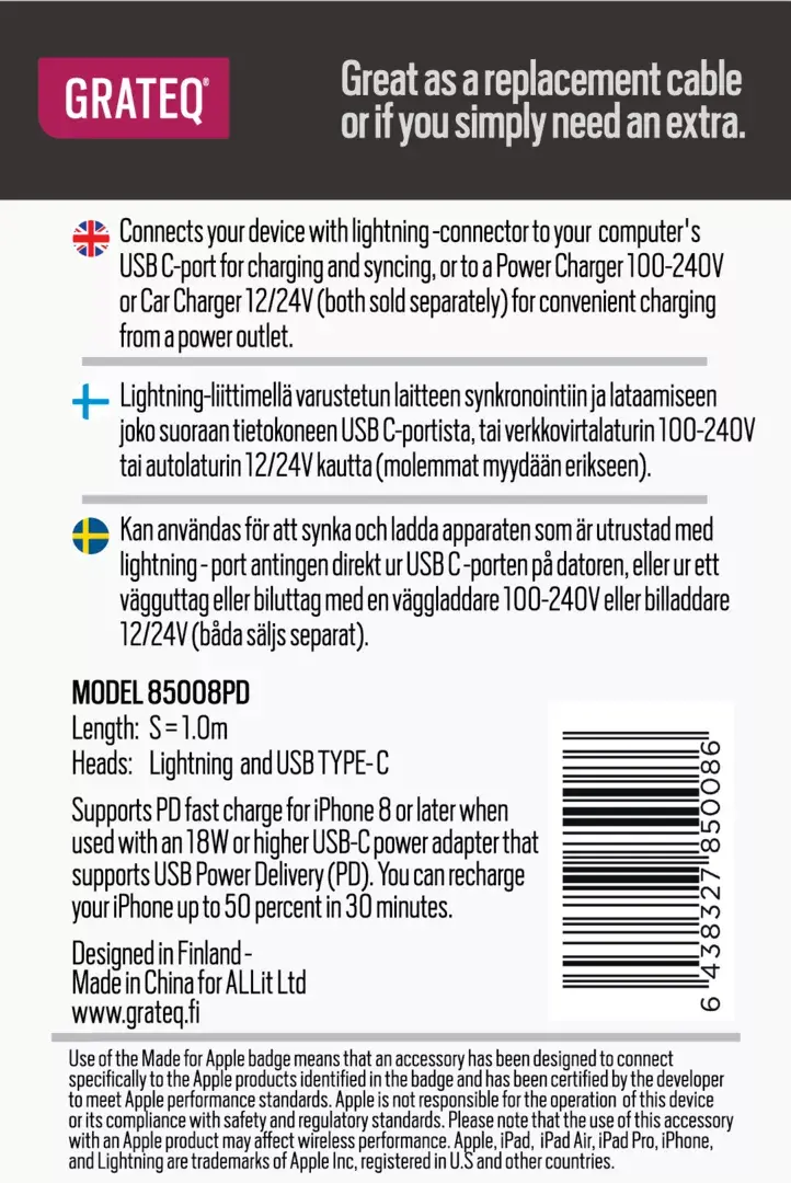 Lightning cable GRATEQ 85008PD Photo 2