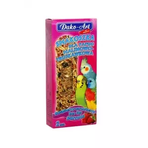 Barība putniem Dako-Art Smakoszka Malinowo-Truskawkowa — aveņu-zemeņu gardums papagaiļiem, 100 g, kārba, 2 gab.