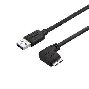 Slim Micro USB 3.0 Cable by StarTech — Right-Angle Micro-B to USB-A, 0.5 m, USB 3.2 Gen 1, 5 Gbps, Nickel Contacts, Black