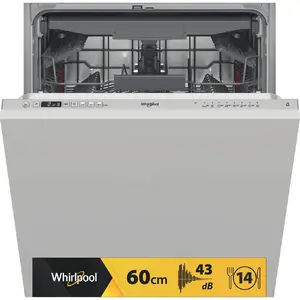 Pilnībā iebūvējama trauku mazgājamā mašīna Whirlpool WIC 3C33 F ar 14 trauku komplektiem, D energoefektivitātes klasi, 43 dB trokšņa līmeni un 8 programmām