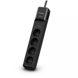 Strāvas aizsargierīce CYBERPOWER Tracer III P0420SUD0-FR — 4× Type E kontaktligzdas, 2 USB (2,4 A), 350 J, kabelis 1,8 m, melns