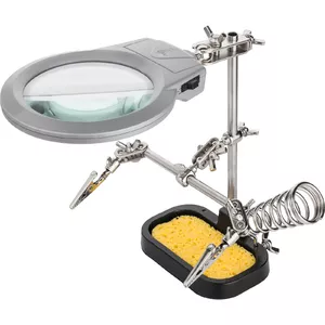Holder with magnifier GOOBAY 51226 — universal soldering iron/station accessory, 115×220×195 mm, black/metallic/translucent