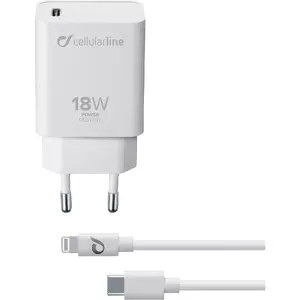 Сетевое зарядное устройство Cellularline USB-C 18W с кабелем USB-C на Lightning для iPhone 8 и новее