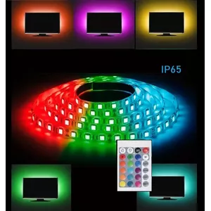 Krāsainas 5 metri 300LEDs RGB, mitrumizturīgas 12V LED Lentas komplekts ar pulti un vadības bloku. 5 metri