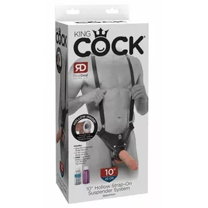 Страпон с полым фаллоимитатором 10" из ПВХ, King Cock — черная регулируемая шлейка