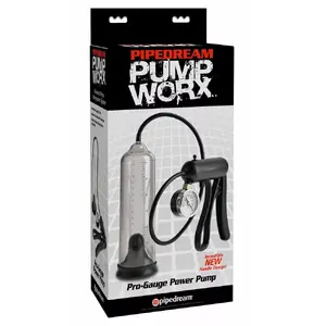 Penis pump Pump Worx PW Pro-Gauge — pistol-grip, pressure gauge, valve; length 21.6 cm, insertion 19.5 cm, width 6.5 cm, ABS/acrylic/silicone
