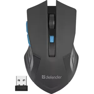 Bezvadu optiskā pele DEFENDER ACCURA MM-275 RF, ambidextrāla, 1600 DPI, 5–6 pogas, USB uztvērējs, melni-zila