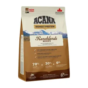 Sausais barībā sunim ACANA Highest Protein Ranchlands 2 kg — augstas olbaltumvielas (35%), jērs un liellops, bez graudiem